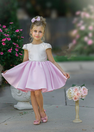 Cap Sleeves Beaded Ivory And Pink Satin Cute Flower Girl Dress